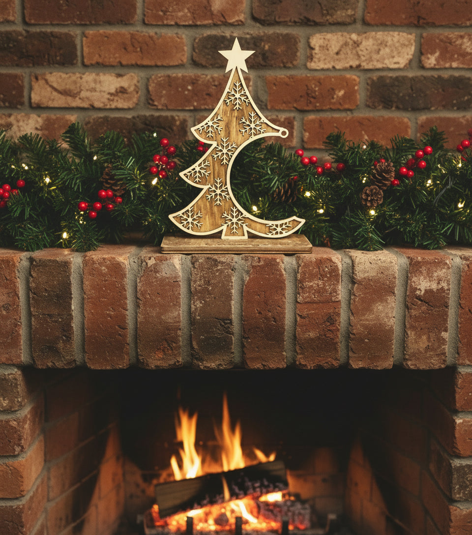 Wooden Christmas tree ornament holder with star on a black background