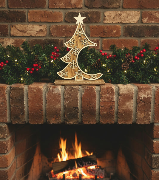 Wooden Christmas tree ornament holder with star on a black background